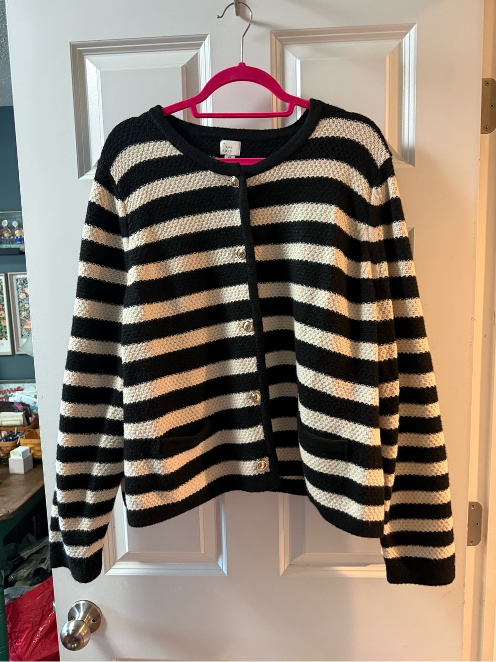 a new day Black and Cream Striped Button-Front Cardigan